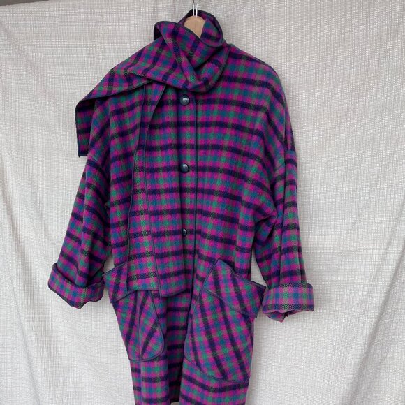 VINTAGE Rare Eclectic Scoat Scarf Coat Plaid Mohair Dead Stock Oversized… - Picture 4 of 16